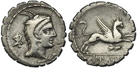 PAPIA. Denario serrato. Roma (79 a.C.). A/ Cabeza de Juno Sóspita; detrás símbolo. R/ Grifo a der., debajo símbolo mosca; en el exergo, ley. L. PAPI. ...