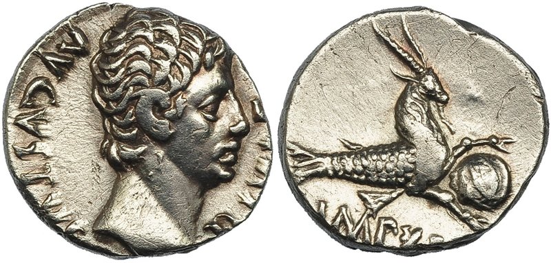 AUGUSTO. Denario. Lugdunum (15-13 a.C.). A/ Cabeza descubierta de Augusto a der....