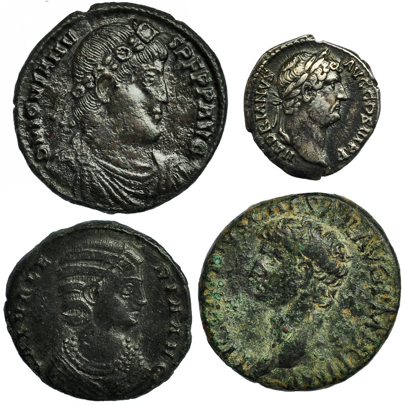 Lote de 4 piezas. 1 denario de ADRIANO, R/ PIETAS; 1 as de CLAUDIO I, R/ LIBERTA...