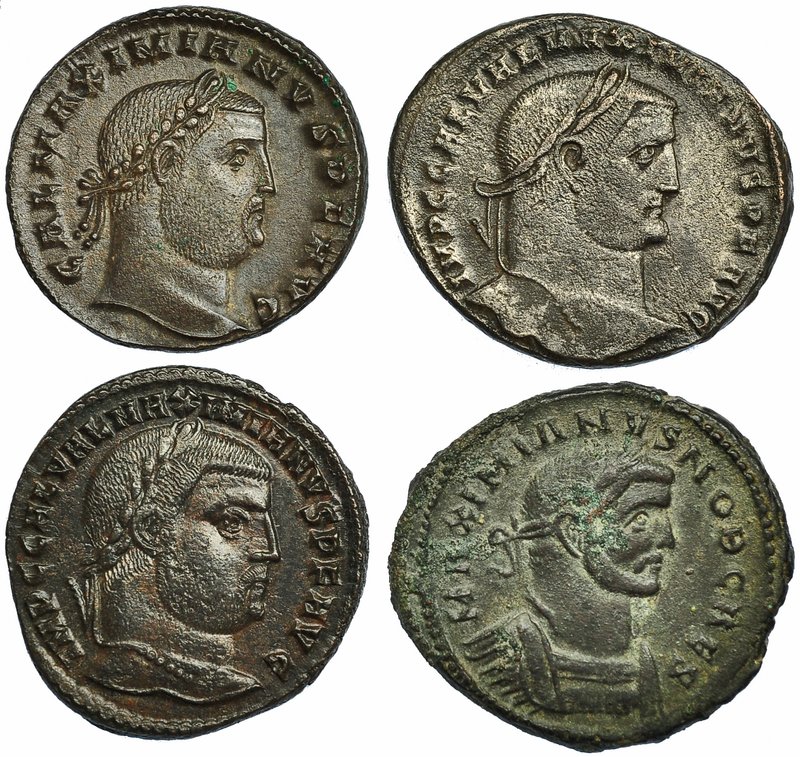 Lote de 4 follis de MAXIMIANO; R/ GENIO POPVLI ROMANI. MBC/MBC+.