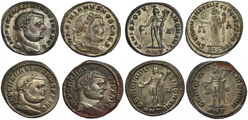 Lote de 4 follis de MAXIMIANO. R/ GENIO POPVLI ROMANI (3) y R/ SACRA MONETA (1)....