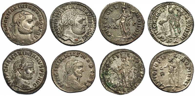 Lote de 4 follis de MAXIMIANO. R/ GENIO POPVLI ROMANI. R.P.O. MBC+/EBC-.