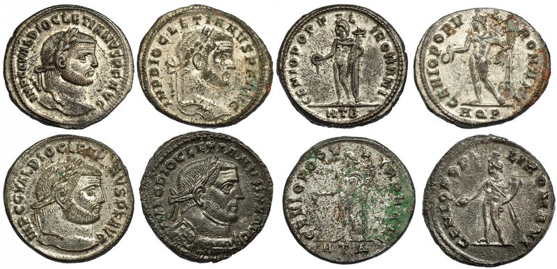 Lote de 4 follis DIOCLECIANO; R/ GENIO POPVLI ROMANI. R.P.O. Calidad media EBC-.