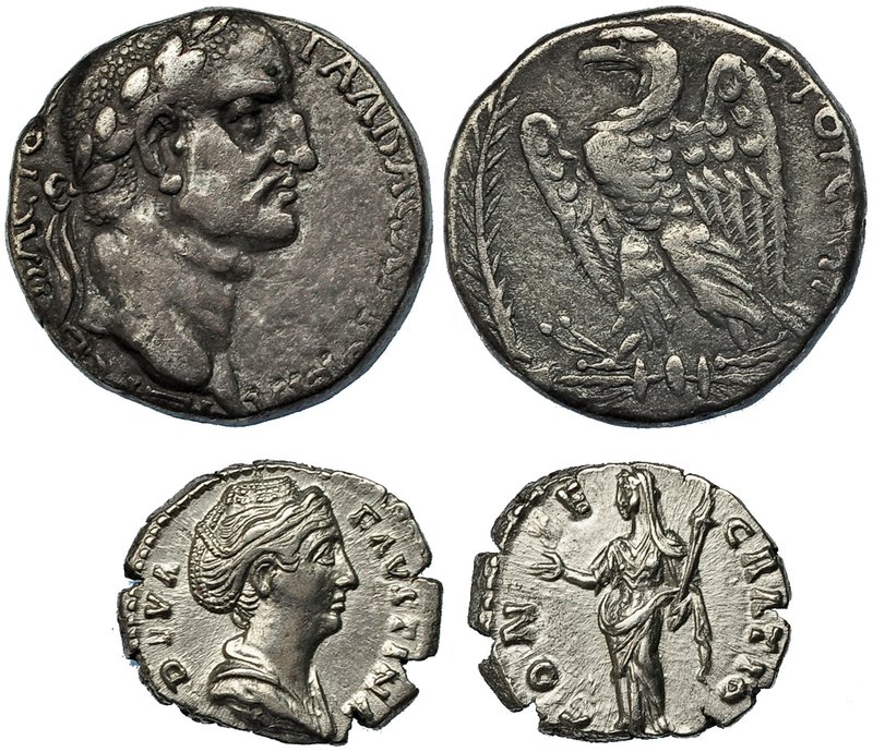 Lote de 2 piezas. FAUSTINA I, Denario (R/ Ceres. CONSECRATIO); RIC-382. GALBA, T...