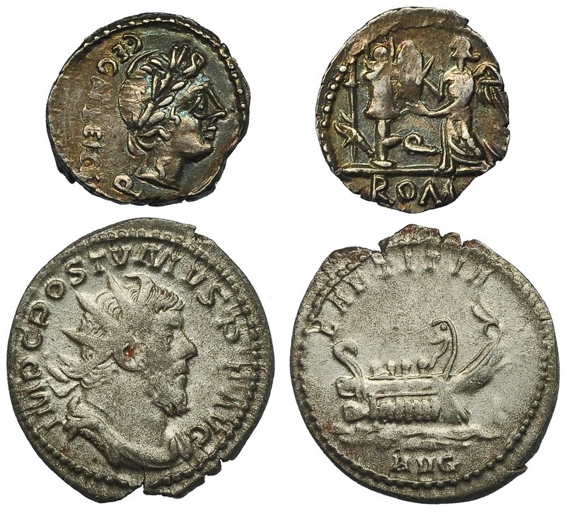 Lote de 2 piezas. 1 quinario EGNATULEIA (CRAW-333.1); 1 antoniniano de PÓSTUMO (...