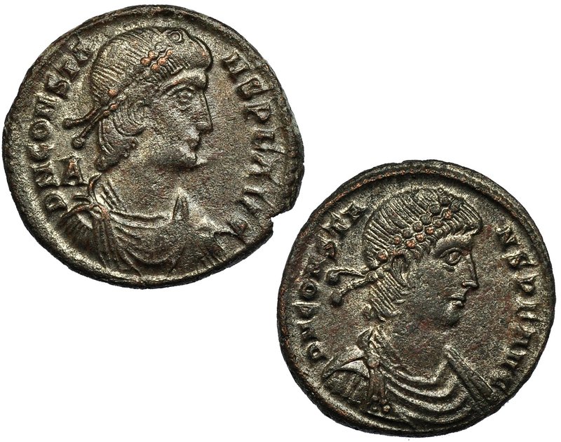 Lote de 2 centenionalis de CONSTANS (R/ FTR; emperador sobre nave). R.P.O. MBC+.