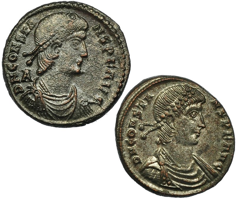 Lote de 2 centenionalis de CONSTANTE (R/ FTR; emperador sobre nave). R.P.O. MBC/...