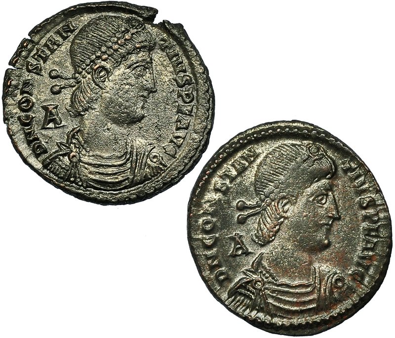 Lote de 2 centenionalis de CONSTANCIO II (R/ FTR; emperador alanceando enemigo c...