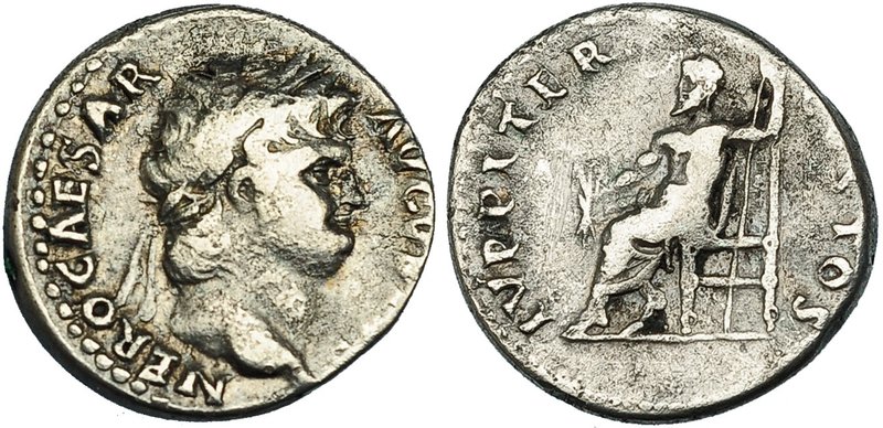NERÓN. Denario. Roma (64-65 d.C.). A/ Busto laureado a der. R/ Zeus sentado a iz...