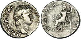 NERÓN. Denario. Roma (64-65 d.C.). A/ Busto laureado a der. R/ Zeus sentado a izq. sosteniendo haz de rayos y cetro; IVPPITER CVSTOS. RIC-53. CH-119. ...