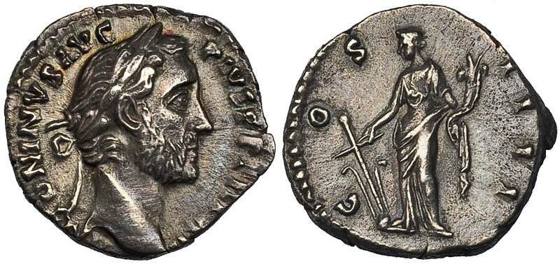 ANTONINO PÍO. Denario. Roma (149-150). A/ Busto laureado a der. R/ La Fortuna a ...