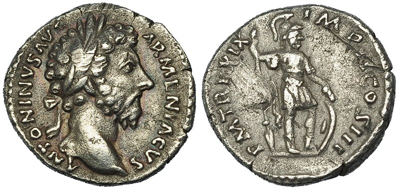 MARCO AURELIO. Denario. Roma (164-165). A/ Busto laureado a der. R/ Marte a der....
