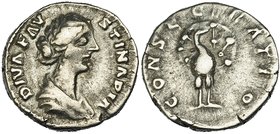 FAUSTINA II, ESPOSA DE MARCO AURELIO. Denario. Roma (176-180). A/ Busto drapeado a der. R/ Pavo de frente; CONSECRATIO. RIC-743. CH-70. MBC-.