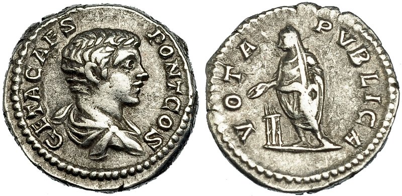 GETA. Denario. Roma (203-208). A/ Busto drapeado a der. R/ Geta a izq. sostenien...