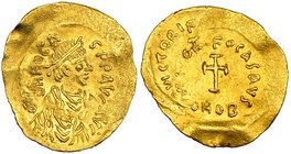 FOCAS. Tremissis. Constantinópolis (607-610). A/ Busto diademado y drapeado a der. R/ Cruz. SBB-634. Alabeada. EBC.