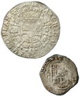 Lote de 2 piezas. 2 reales de Felipe II S/F, Toledo y 1/2 patagón de Felipe IV, 1649, Flandes. MBC- y MBC.