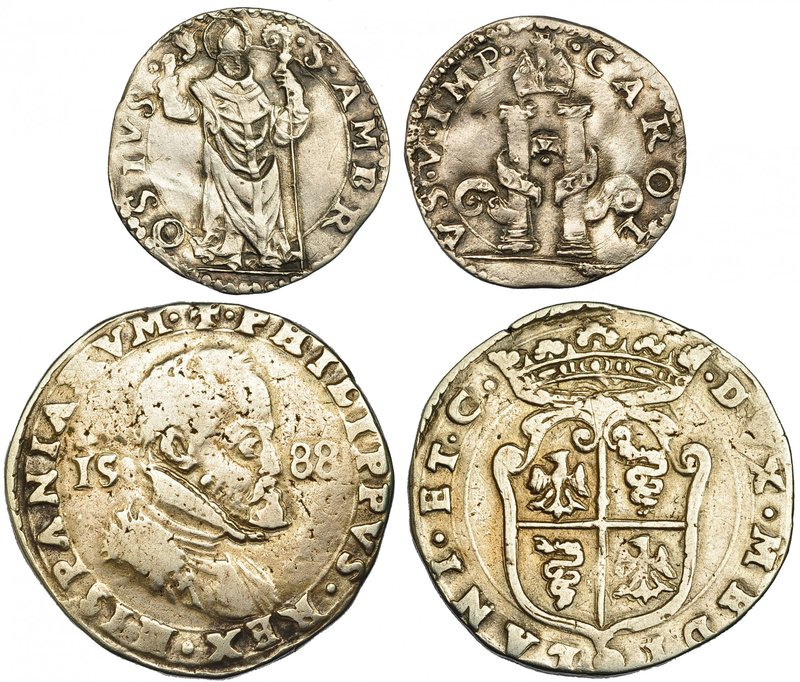 Lote de 2 monedas de Milán. Carlos V, 1 dinero de 8 sueldos (CR-16) y Felipe II,...