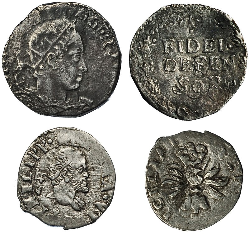 Lote de 2 monedas de Nápoles. Felipe II, 1/2 carlino S/F; Felipe III, 1 carlino....