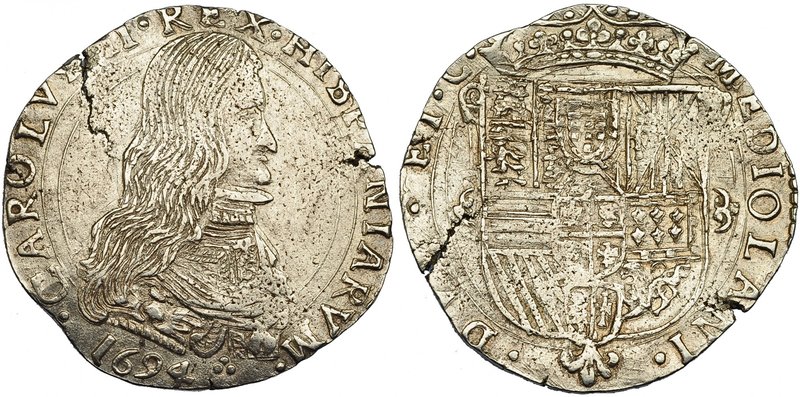 Medio filipo. 1694. Milán. CR-8. Grietas. MBC.
