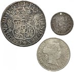 Lote de 3 monedas. Carlos III: 8 reales, 1769, México (soldadura quitada a las 12); 1 real, 1763, México (perforada); Isabel II, 1 escudo, 1867. MBC-/...