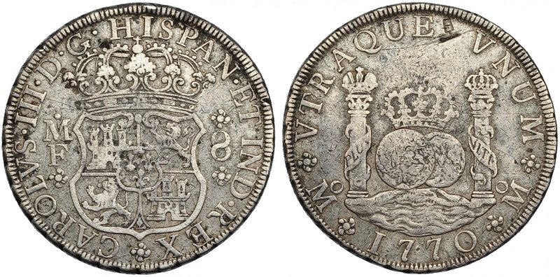 8 reales. 1770. México. MF. VI-1646. Raya y finas grietas. BC+.