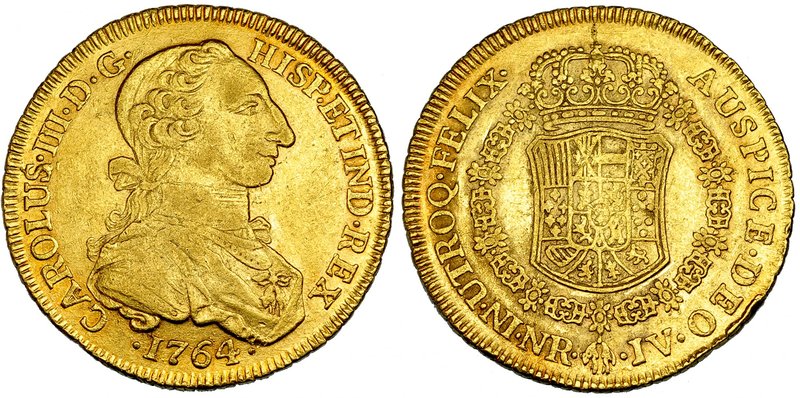 8 escudos. 1764. Nuevo Reino. JV. VI-1673. Pequeñas marcas. MBC-/MBC. Muy escasa...