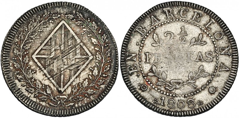 2 y 1/2 pesetas. 1808. Barcelona. VI-29. Rayas de ajuste y acuñación floja. MBC-...