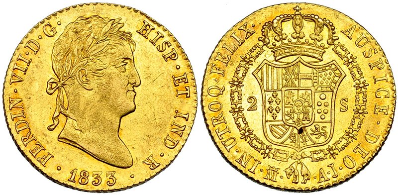 2 escudos. 1833. Madrid. AJ. VI-1356. Pequeñas marcas. B.O. EBC+.