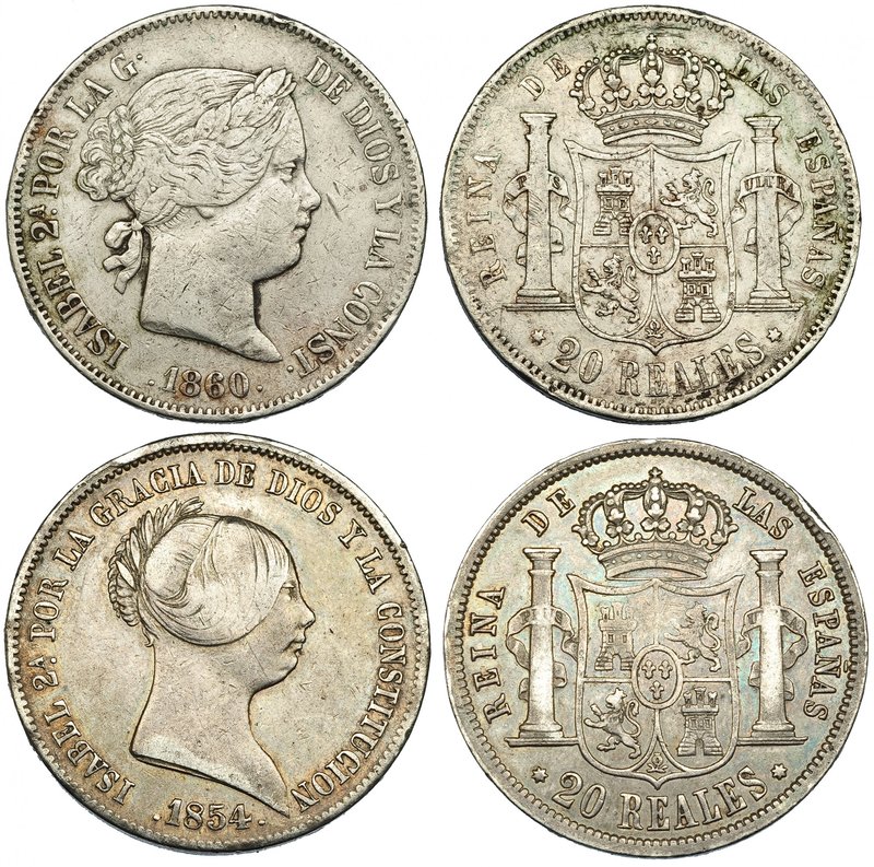 Lote de 2 monedas de 20 reales. 1854 Sevilla (VI-526) y 1860 Madrid (VI-516). MB...