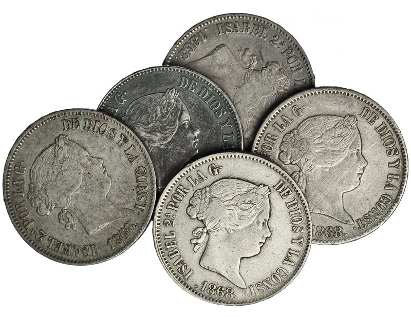 Lote de 5 piezas de 50 centavos. 1868. Manila. VI-555. MBC-/MBC.