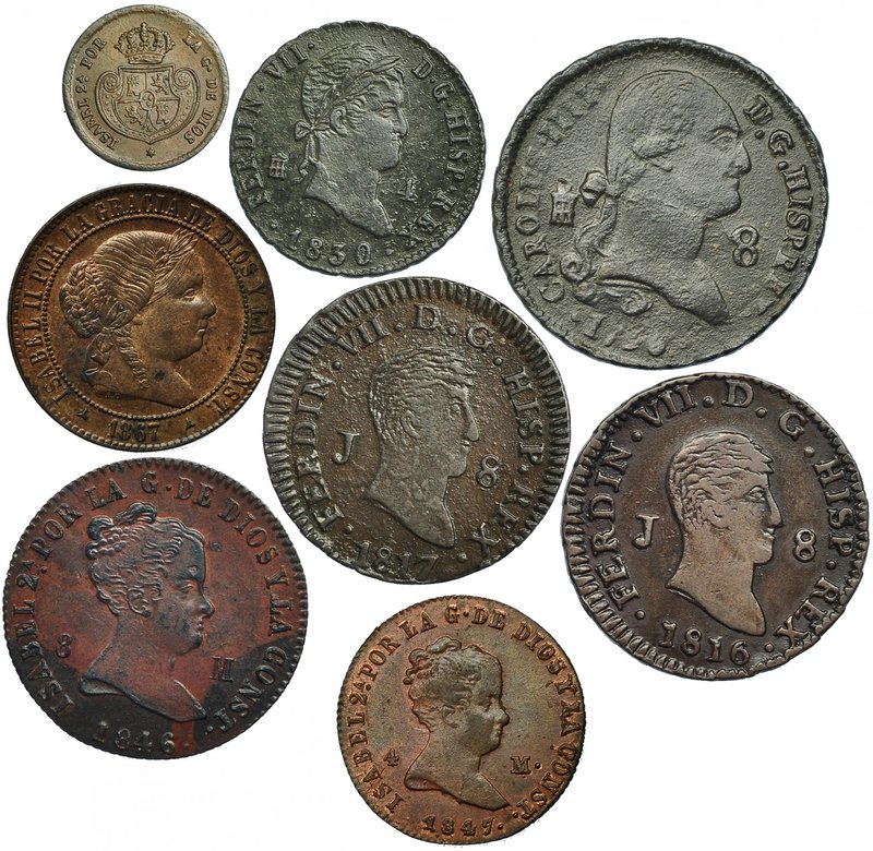 Lote de 8 piezas. 1 Carlos IV (8 maravedís, Segovia, 1796), 3 Fernando VII (8 ma...