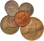 Lote de 7 piezas. Isabel II (6): 1/2 décima de real, 1 décima de real, 1/2 céntimo de escudo, 1 céntimo de real, 10 céntimos de real, 2 1/2 céntimos d...