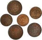 Lote de 6 cobres. Décima de real (2); 1/2 décima de real (1); 1 céntimo de escudo (1); 1/2 céntimo de escudo (2). MBC+/EBC-.
