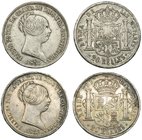 Lote de 2 monedas de 20 reales. 1855 Sevilla (VI-527) y 1852 Madrid (VI-509). Una con oxidaciones limpiadas, Marcas, MBC-/MBC.