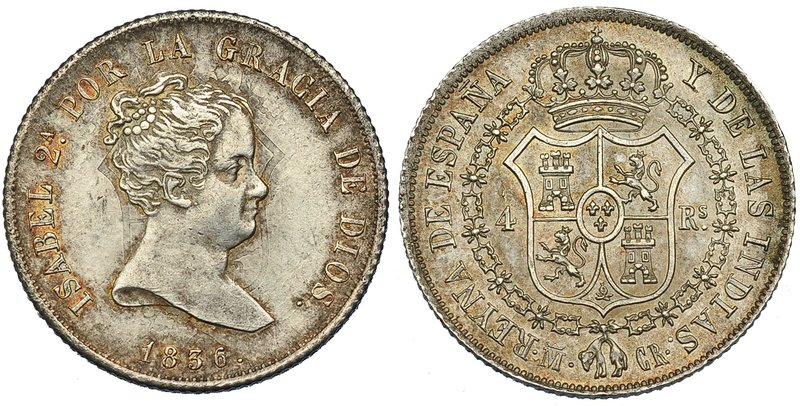 4 reales. 1836. Madrid. CR. VI-378. Parte del rev. acuñado incuso en el anv. EBC...