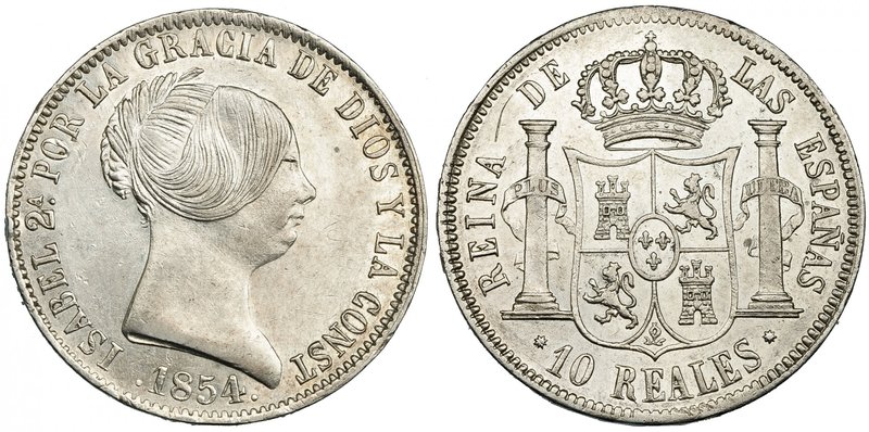 10 reales. 1854. Barcelona. VI-439. Golpecito en canto y pequeña rebaba en rev. ...