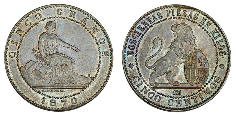 5 céntimos. 1870. Barcelona. OM. VII-3. Hojita en gráfila del rev. EBC.