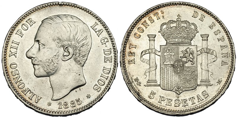 5 pesetas. 1885*18-85. Madrid. MSM. VII-91. Golpecitos en canto. EBC-.