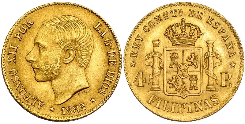 4 pesos. 1882. Manila. VI-101. EBC/EBC+. Rara.