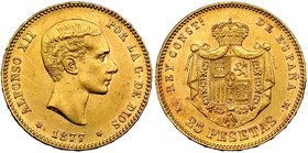 25 pesetas. 1877*18-77. Madrid. DEM. VII-104. Rayitas en anv. B.O. EBC+.