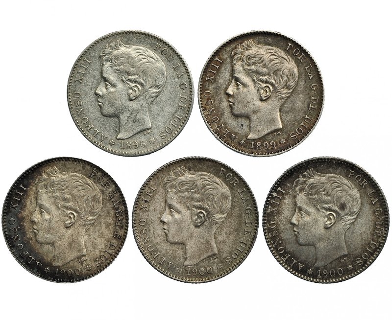 Lote de 5 monedas de 1 peseta. 1896, 1899 y 1900 (3). MBC+/EBC-.