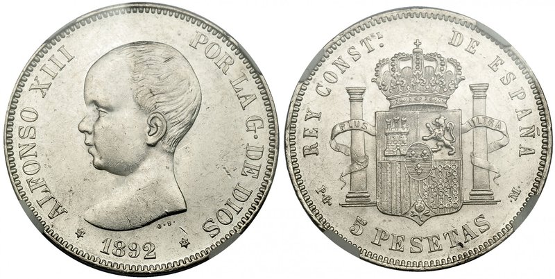 5 pesetas. 1892. Madrid. PGM. NGC MS-60. VII-183. Pequeñas marcas. EBC.