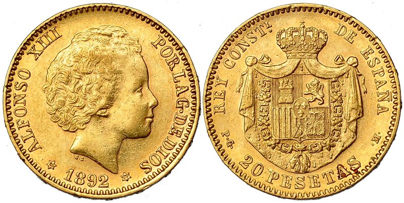 20 pesetas. 1892*18-92. Madrid. PGM. VII-196. EBC-/EBC. Rara.