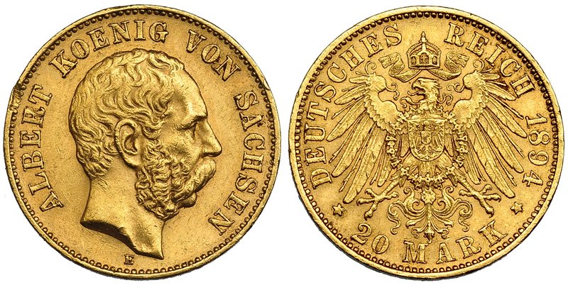 ESTADOS ALEMANES. SAJONIA. 20 marcos. 1894. KM-1248. Golpe en gráfila. MBC+.