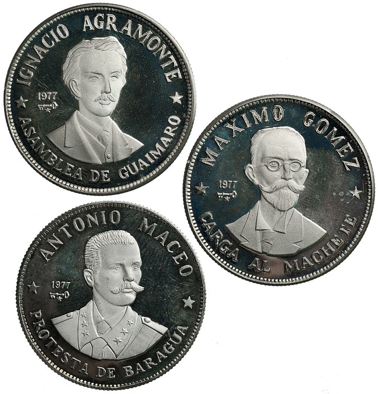 CUBA. Lote de 3 monedas de 20 pesos (1977). KM-187, 189, 188. Prueba.
