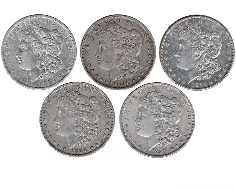 ESTADOS UNIDOS. Lote de 5 monedas de 1 dólar diferentes (1890, 1890-O, 1891, 189...
