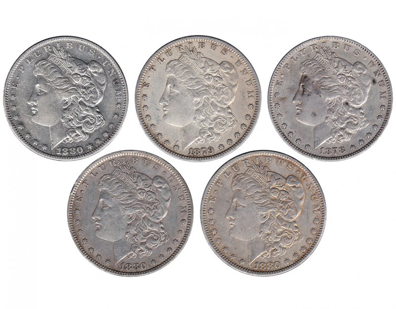 ESTADOS UNIDOS. Lote de 5 monedas de 1 dólar diferentes (1878, 1879, 1880, 1880-...