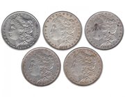 ESTADOS UNIDOS. Lote de 5 monedas de 1 dólar diferentes (1878, 1879, 1880, 1880-O, 1880-S). KM-110. Calidad media MBC+.