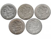 ESTADOS UNIDOS. Lote de 5 monedas de 1 dólar (1887-O, 1888, 1888-O, 1889, 1889-O). KM-110. MBC+.