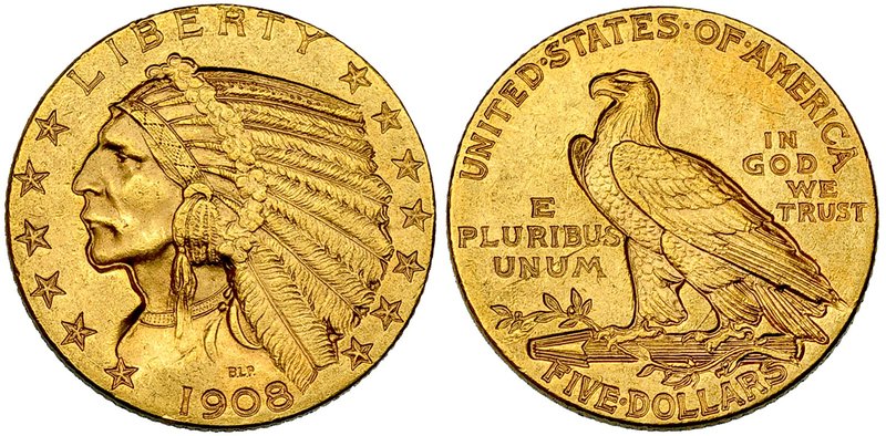 ESTADOS UNIDOS. 5 $. 1908. KM-129. MBC+.